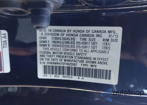 2015 Honda Cr-V Ex-L from USA, damaged, VIN 2HKRM4H75FH620567